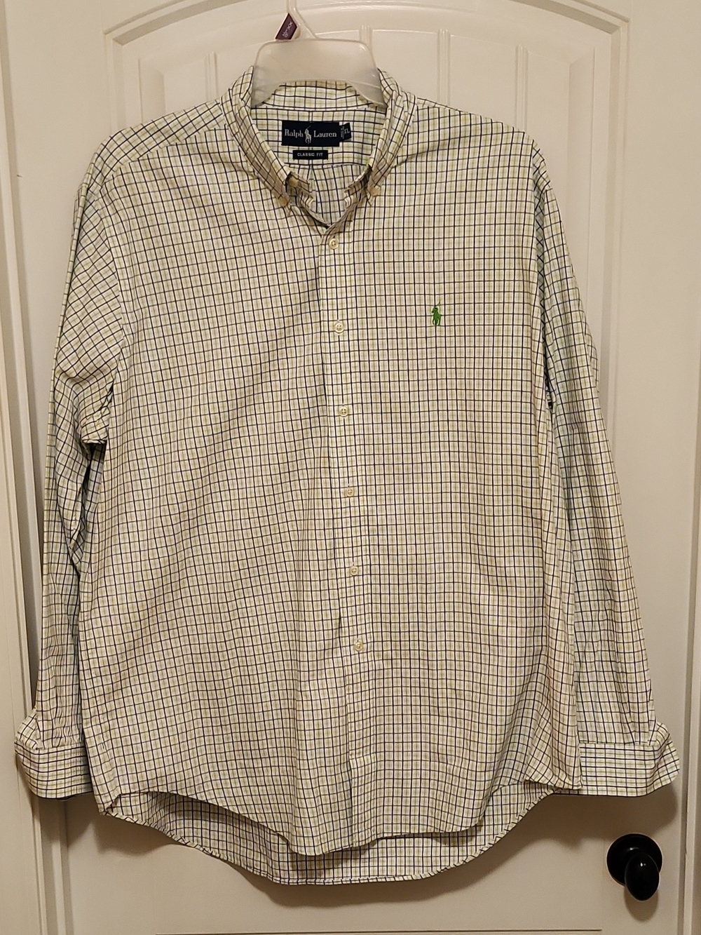 Ralph Lauren White Button-Down Shirt with Green Logo and Navy Grid 0177